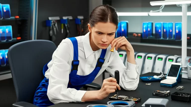 a female engineer is thinking how to fix a phone